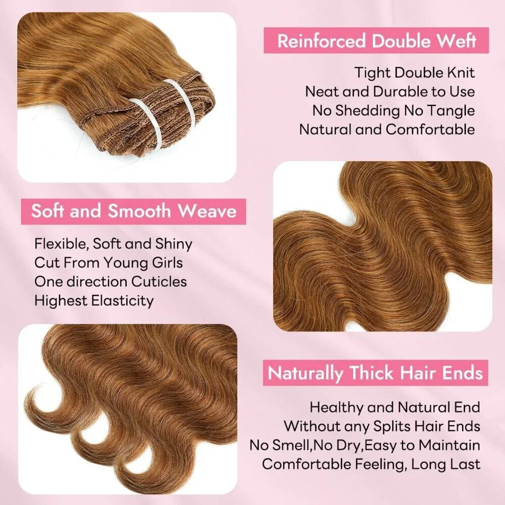 Clip in Hair Extensions Real Human Hair Body Wave 22 Inches Auburn Ginger